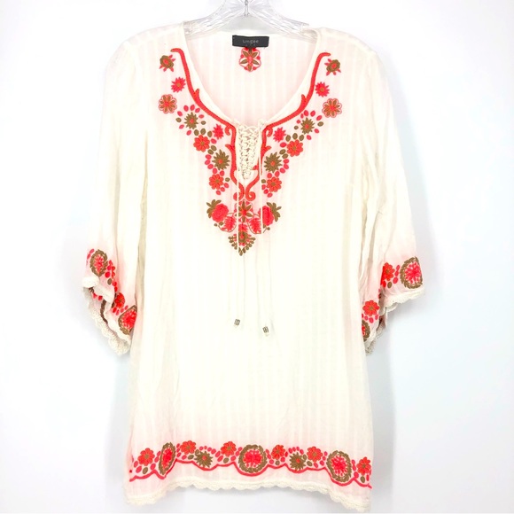 Umgee White Orange & Tan Embroidered Peasant Bohemian 3/4 Sleeve Blouse Size L - Picture 1 of 5